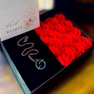 Women's Day Luxury Gift Box with Sterling Silver Necklace and Red Roses